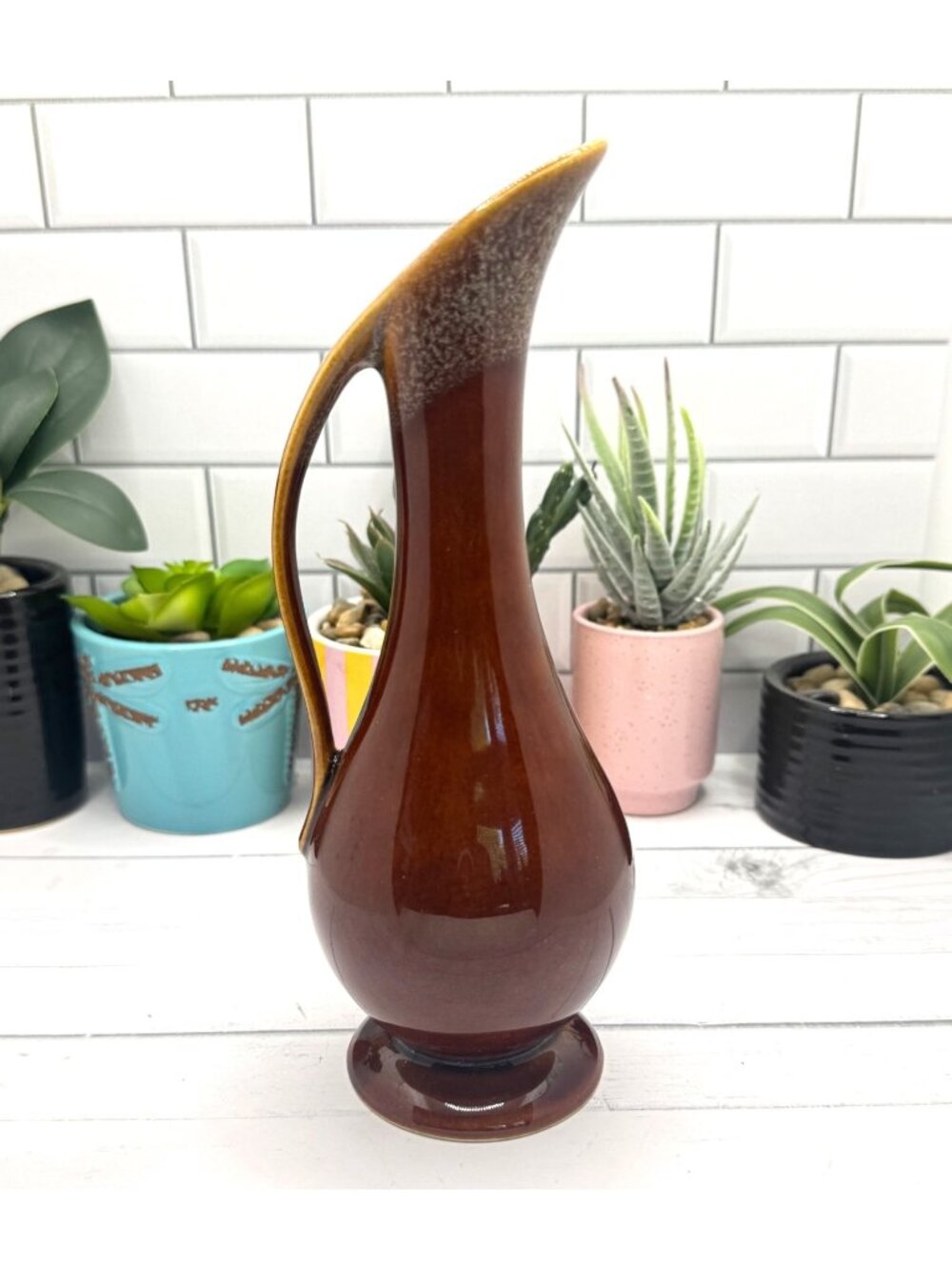 Vintage MCM Dalton USA Brown Drip Glaze Ceramic Ewer Vase With Handle